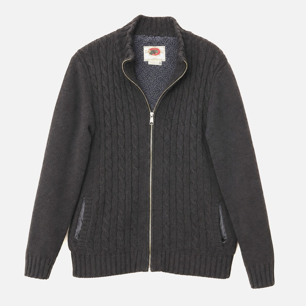 Vintage Boston Trader Sweater Jacket Size M Dark Gray Cotton Cable Sherpa